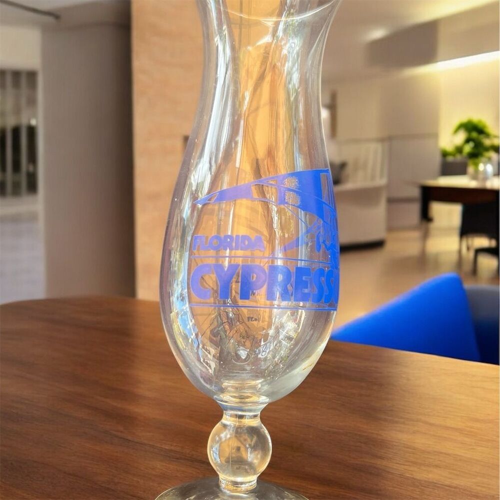 Vintage Florida Cypress Gardens Blue Logo Hurricane Cocktail Glass 1996 Retro